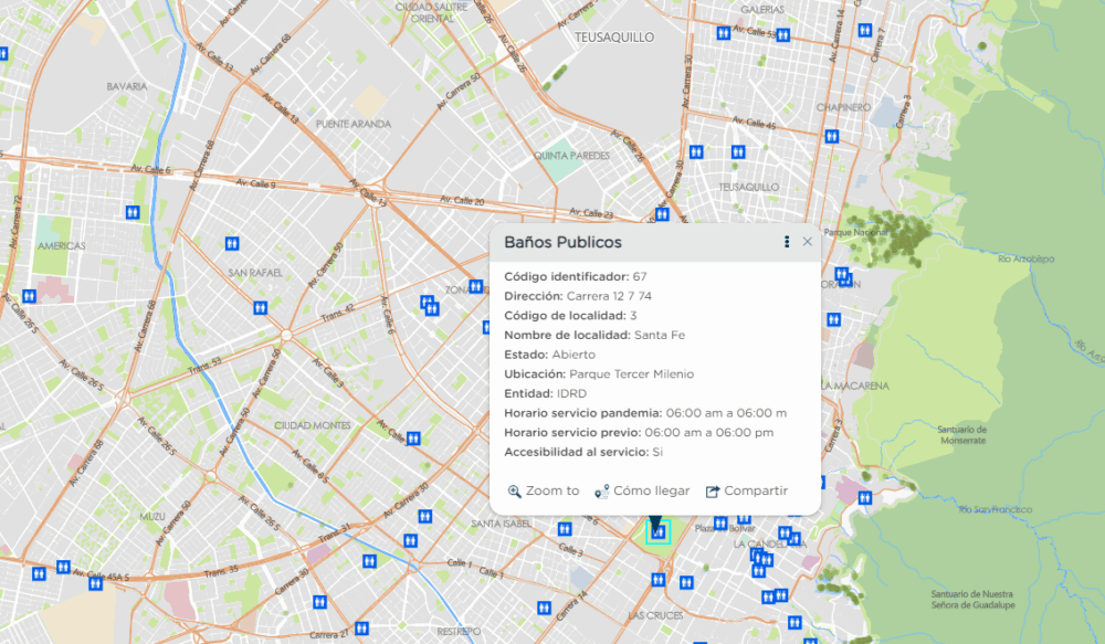 Mapa interactivo de Bogotá que indica dónde hay baños públicos.