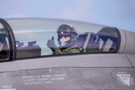 Luis Petri a bordo de un F-16 que Argentina compró a Dinamarca y que Milei no pudo volar.
